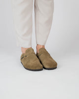 Khaki Green Suede Wide Mules