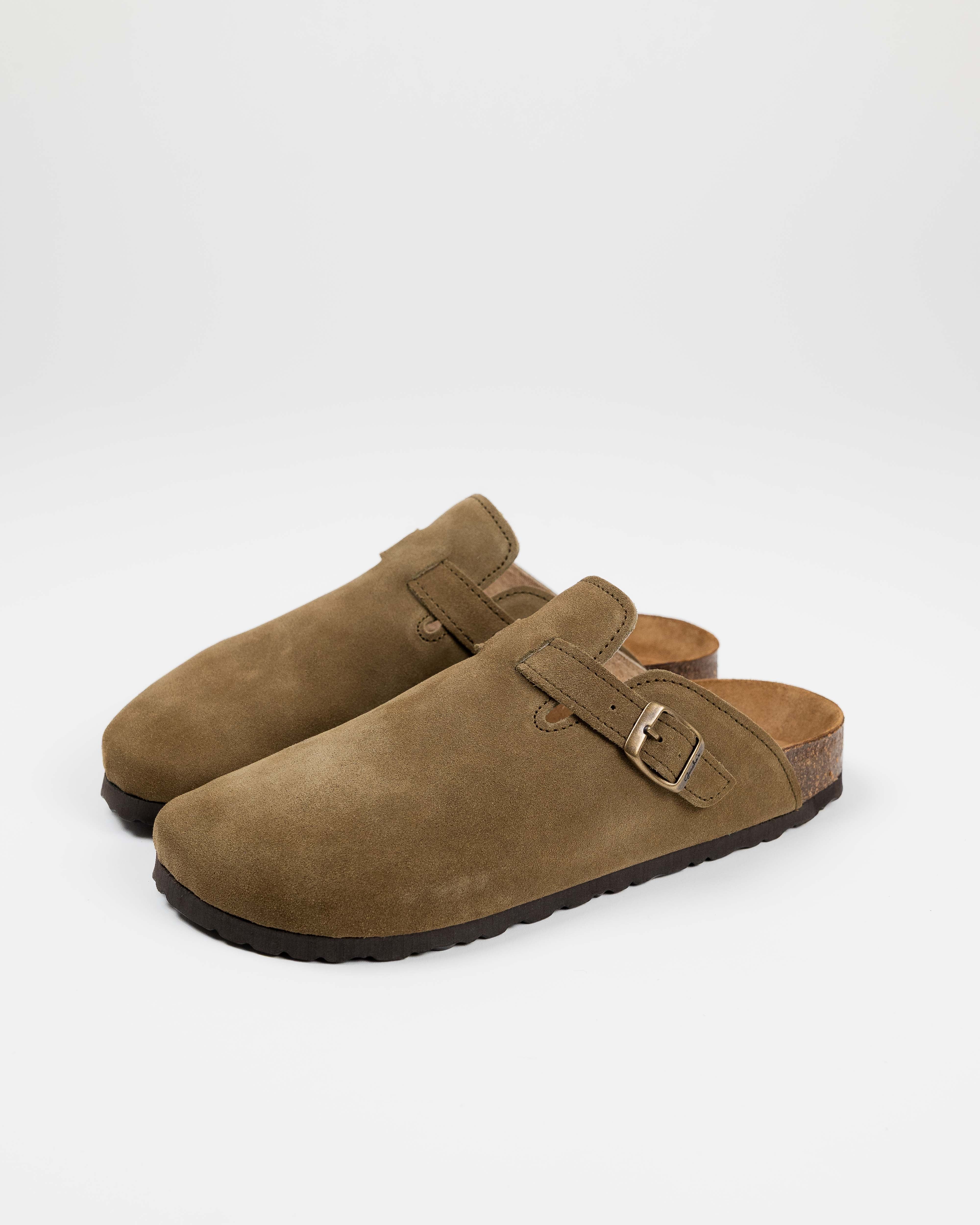Mules anchos de ante verde caqui